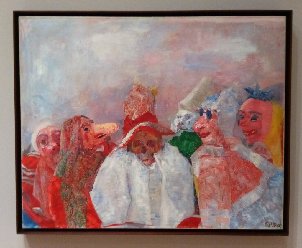 oil painting late impressionistic style of several costumed figures and there is someone in a skull mask front and center