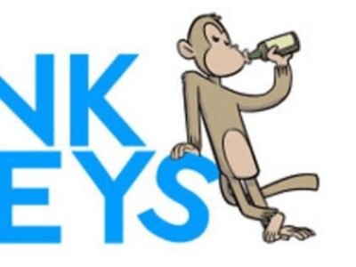 logo for Drunk Monkeys. the two words stacked in a column and to the right, a monkey leans against this as if it were a wall, drinking a beer